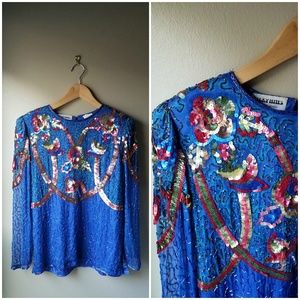 Vintage Sequin Top Blue Small Blouse Boho Silk